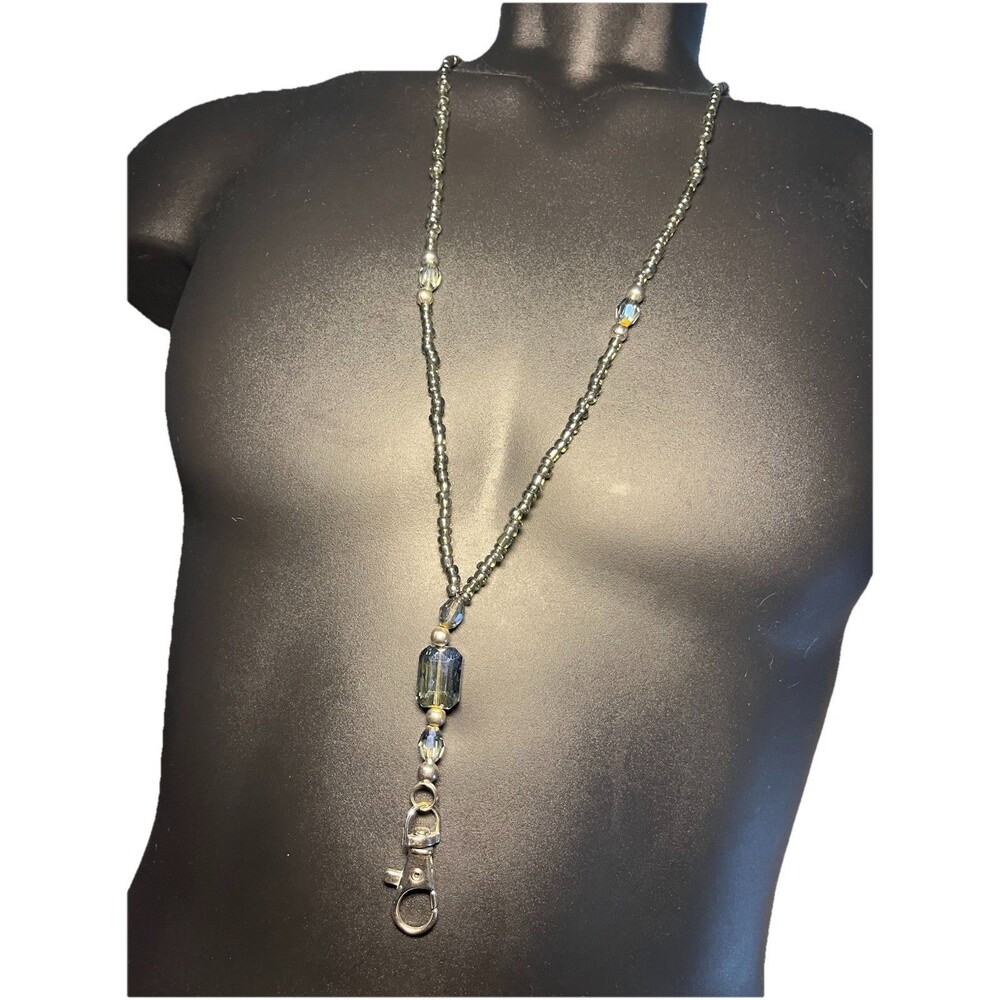 Beaded Lanyard ID Badge Holder Necklace Gray & Blue Iridescent BeadsApprox 32"